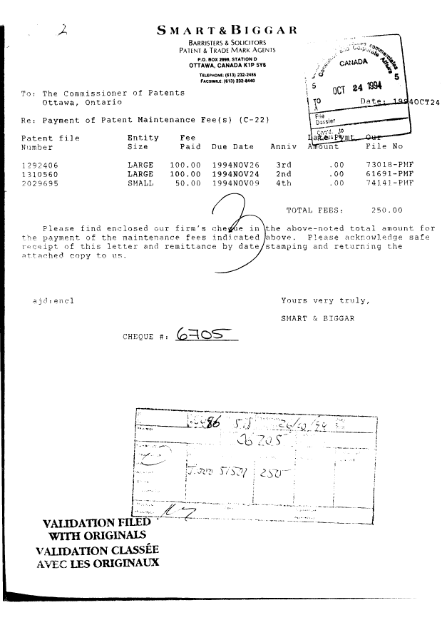 Document de brevet canadien 1292406. Taxes 19941024. Image 1 de 1