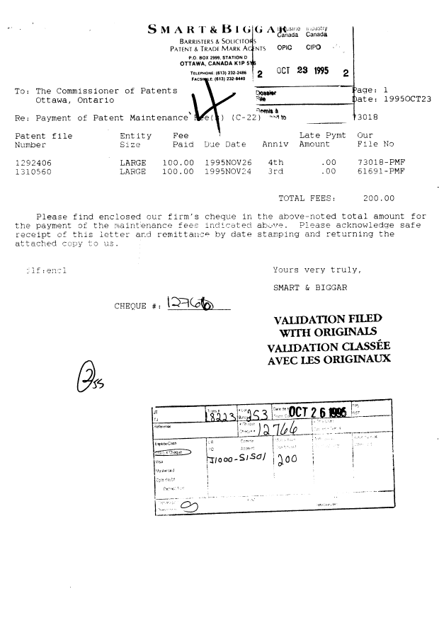 Document de brevet canadien 1292406. Taxes 19951023. Image 1 de 1