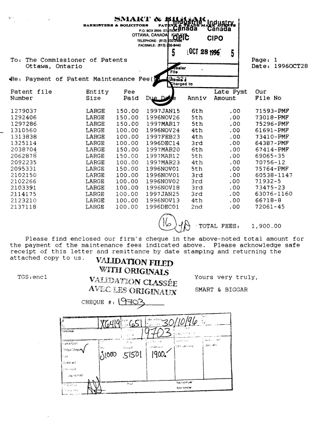 Document de brevet canadien 1292406. Taxes 19961028. Image 1 de 1