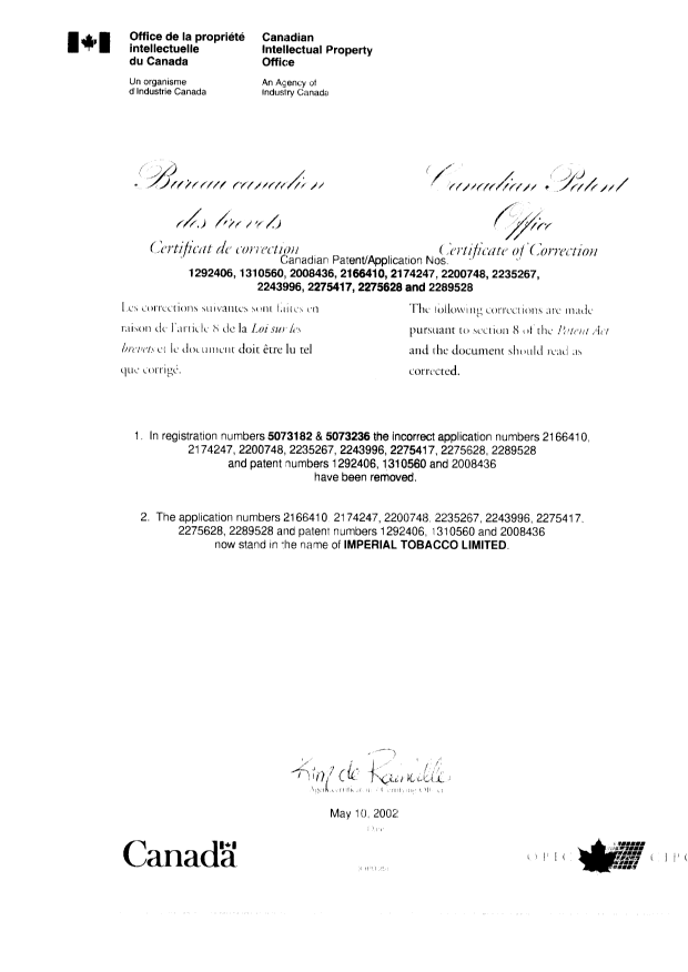 Canadian Patent Document 1292406. Prosecution-Amendment 20020510. Image 2 of 2