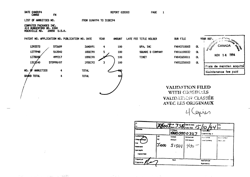 Document de brevet canadien 1292573. Taxes 19941114. Image 1 de 1