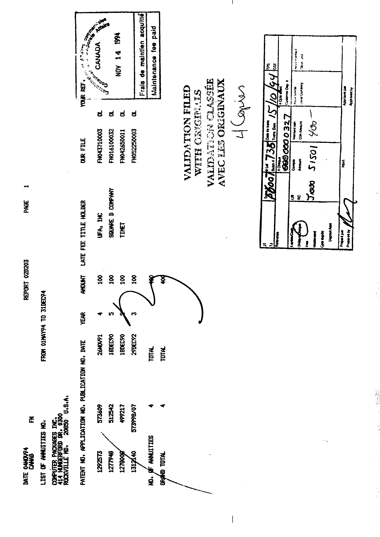 Document de brevet canadien 1292573. Taxes 19941114. Image 1 de 1