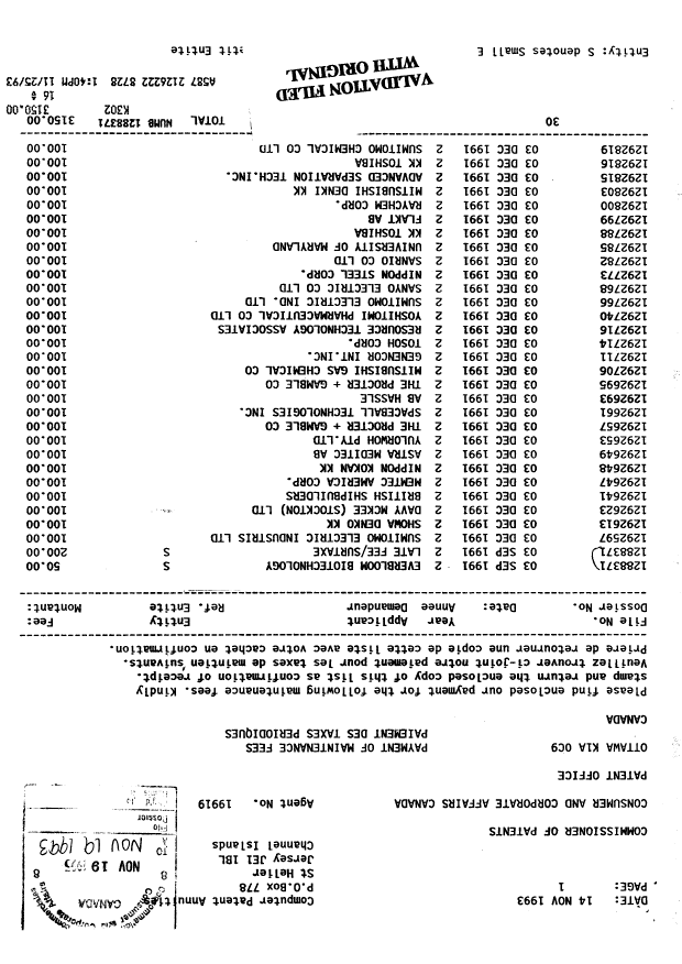 Canadian Patent Document 1292693. Fees 19921219. Image 1 of 1