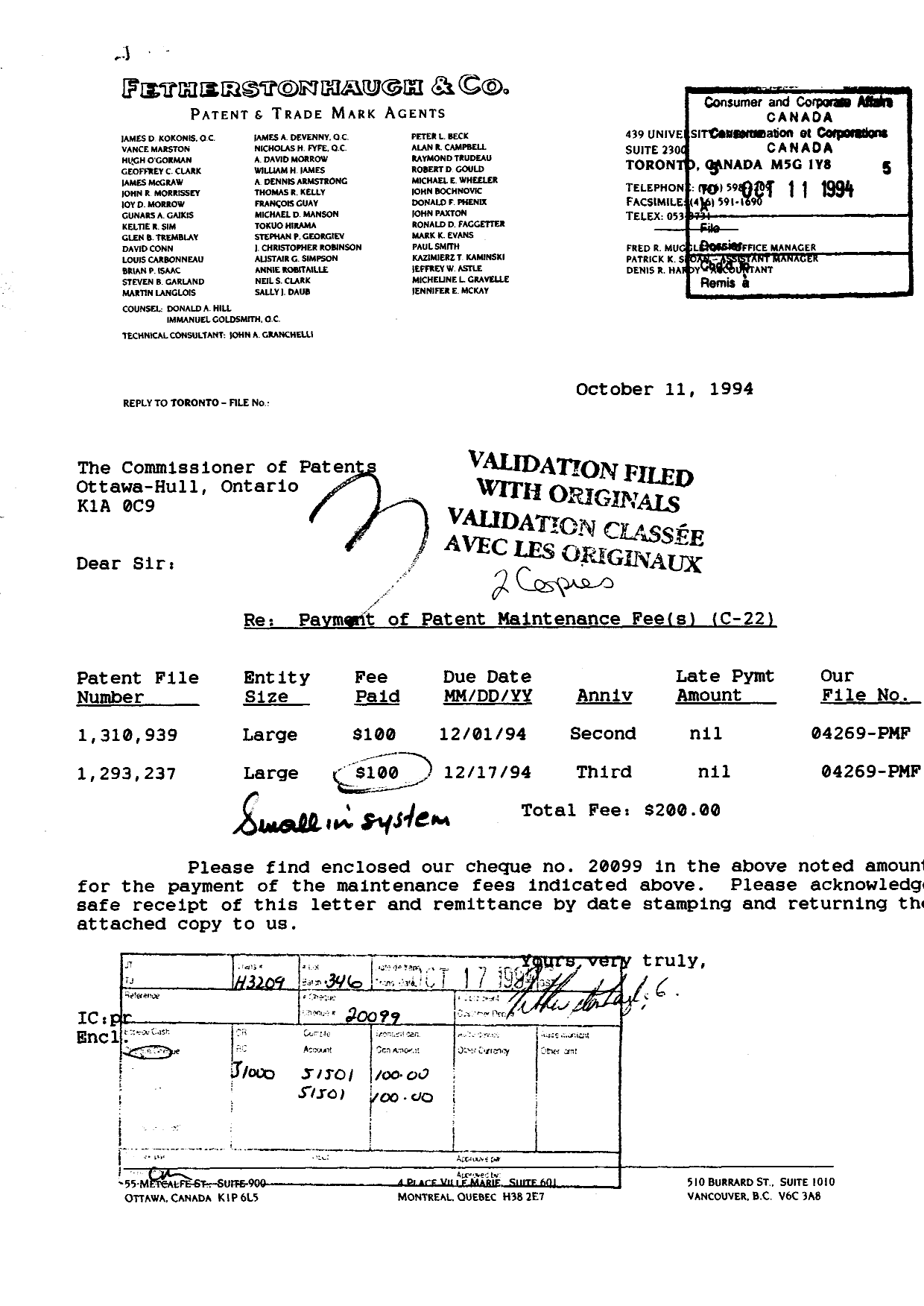 Document de brevet canadien 1293237. Taxes 19941011. Image 1 de 1