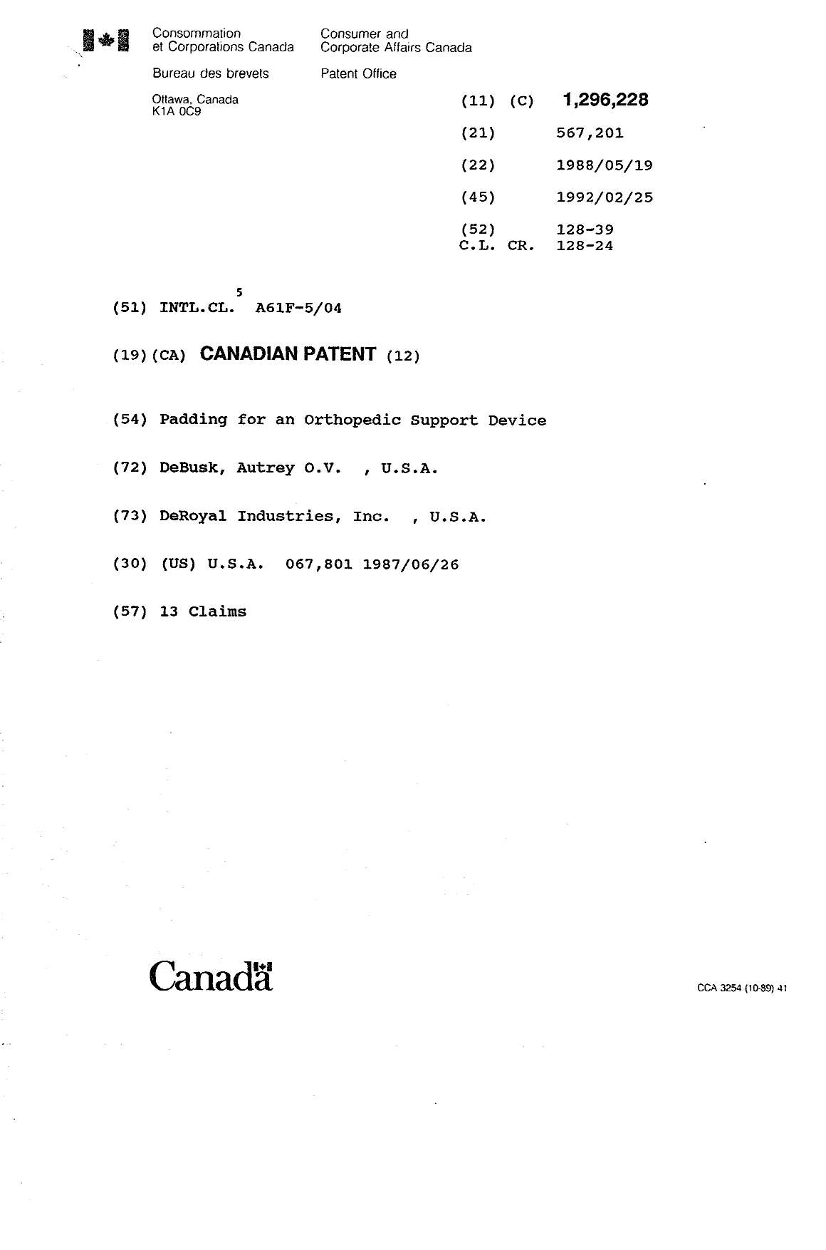 Canadian Patent Document 1296228. Cover Page 19931027. Image 1 of 1