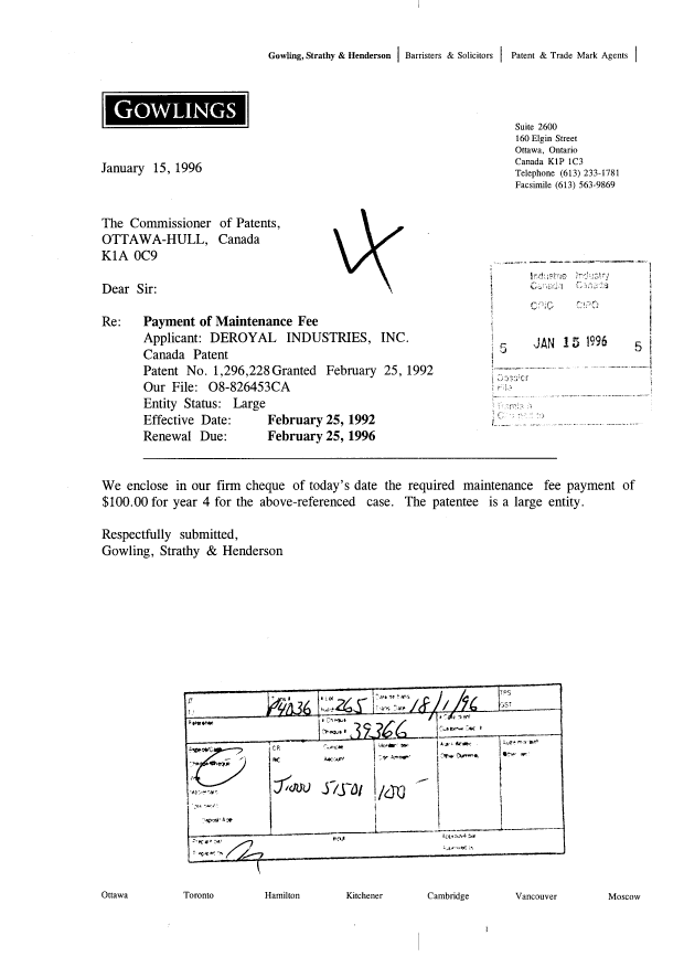 Canadian Patent Document 1296228. Fees 19960115. Image 1 of 1