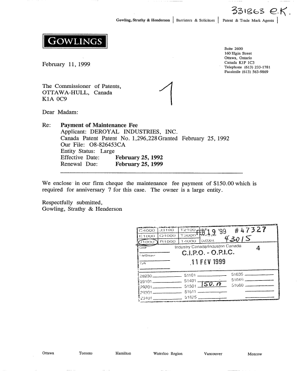 Canadian Patent Document 1296228. Fees 19990211. Image 1 of 1
