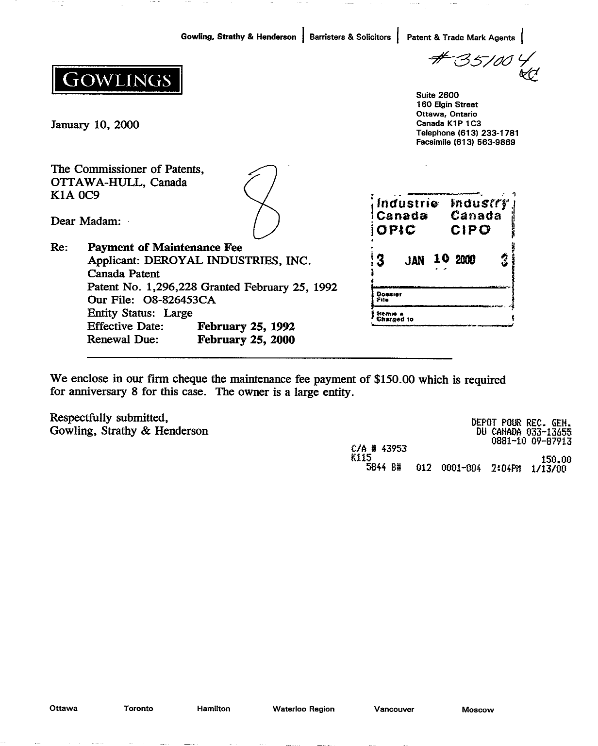Canadian Patent Document 1296228. Fees 20000110. Image 1 of 1