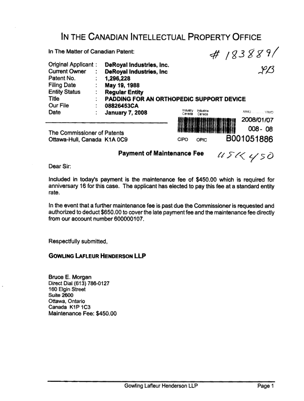 Canadian Patent Document 1296228. Fees 20080107. Image 1 of 1