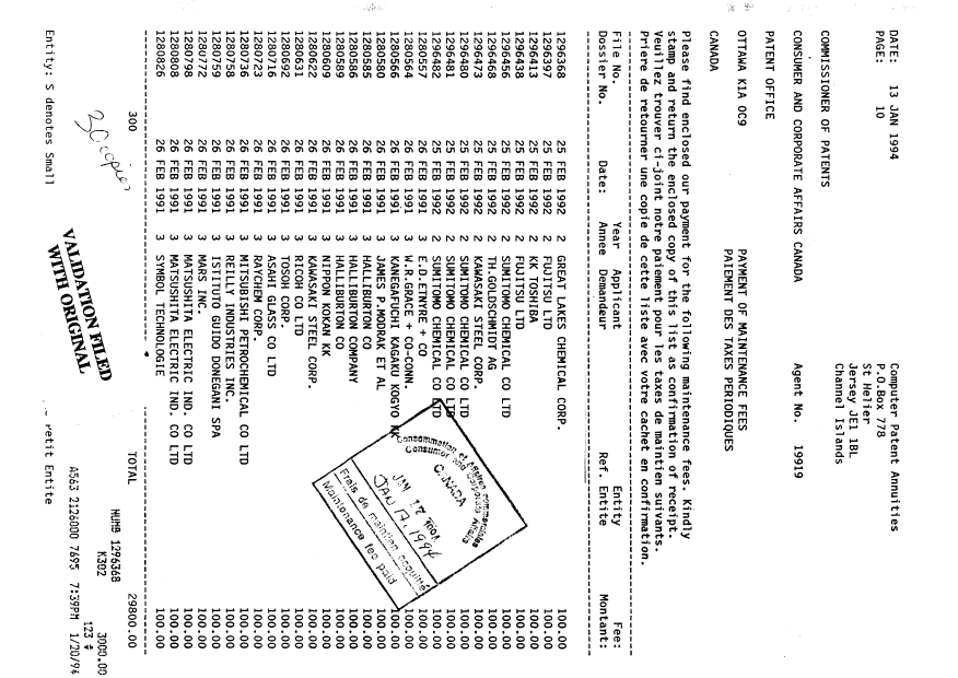 Canadian Patent Document 1296438. Fees 19940117. Image 1 of 1