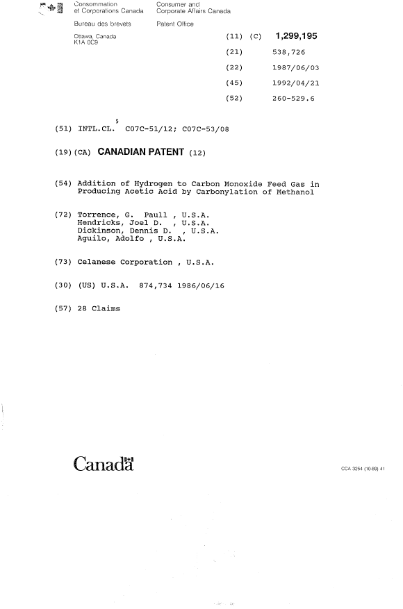 Canadian Patent Document 1299195. Cover Page 19931028. Image 1 of 1
