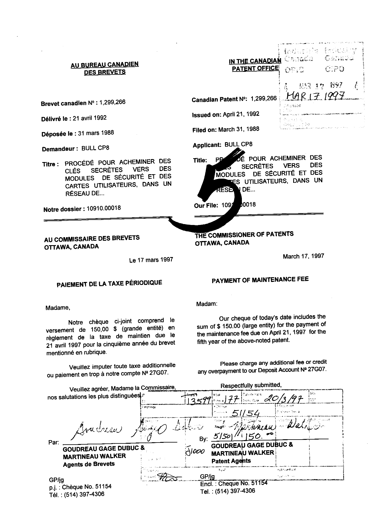 Document de brevet canadien 1299266. Taxes 19970317. Image 1 de 1