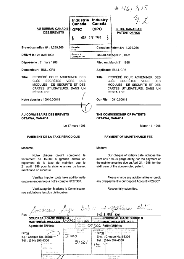 Document de brevet canadien 1299266. Taxes 19980317. Image 1 de 1