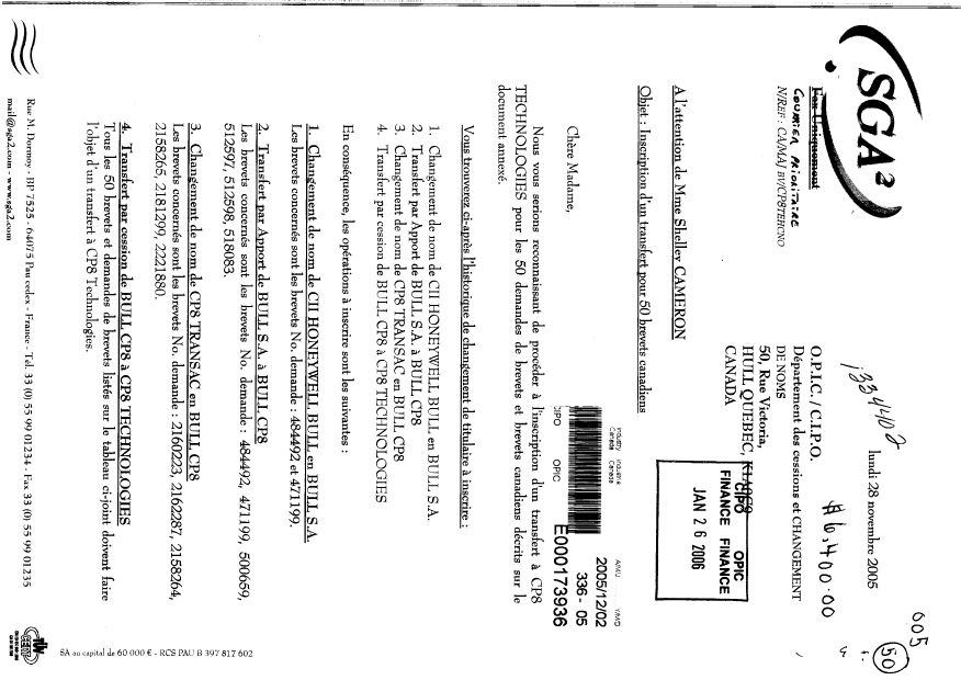 Document de brevet canadien 1299266. Cession 20051202. Image 1 de 78