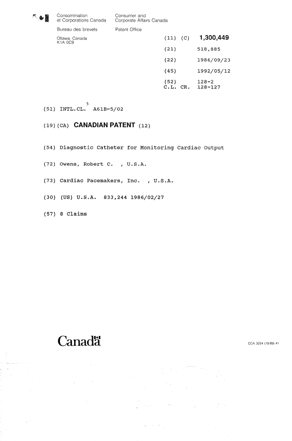 Document de brevet canadien 1300449. Page couverture 19931030. Image 1 de 1