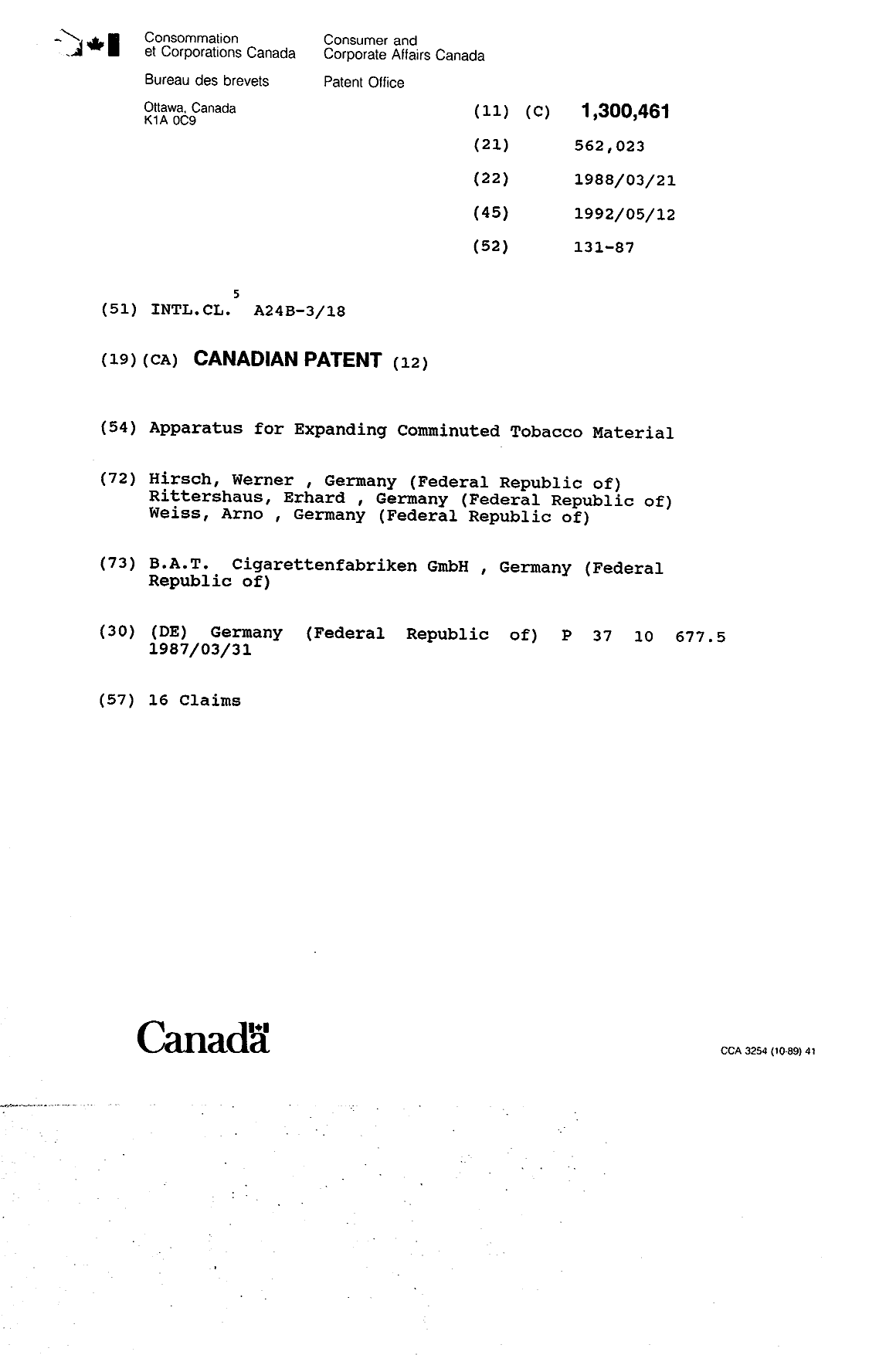 Document de brevet canadien 1300461. Page couverture 19931030. Image 1 de 1
