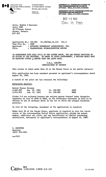Canadian Patent Document 1301006. Examiner Requisition 19891219. Image 1 of 1