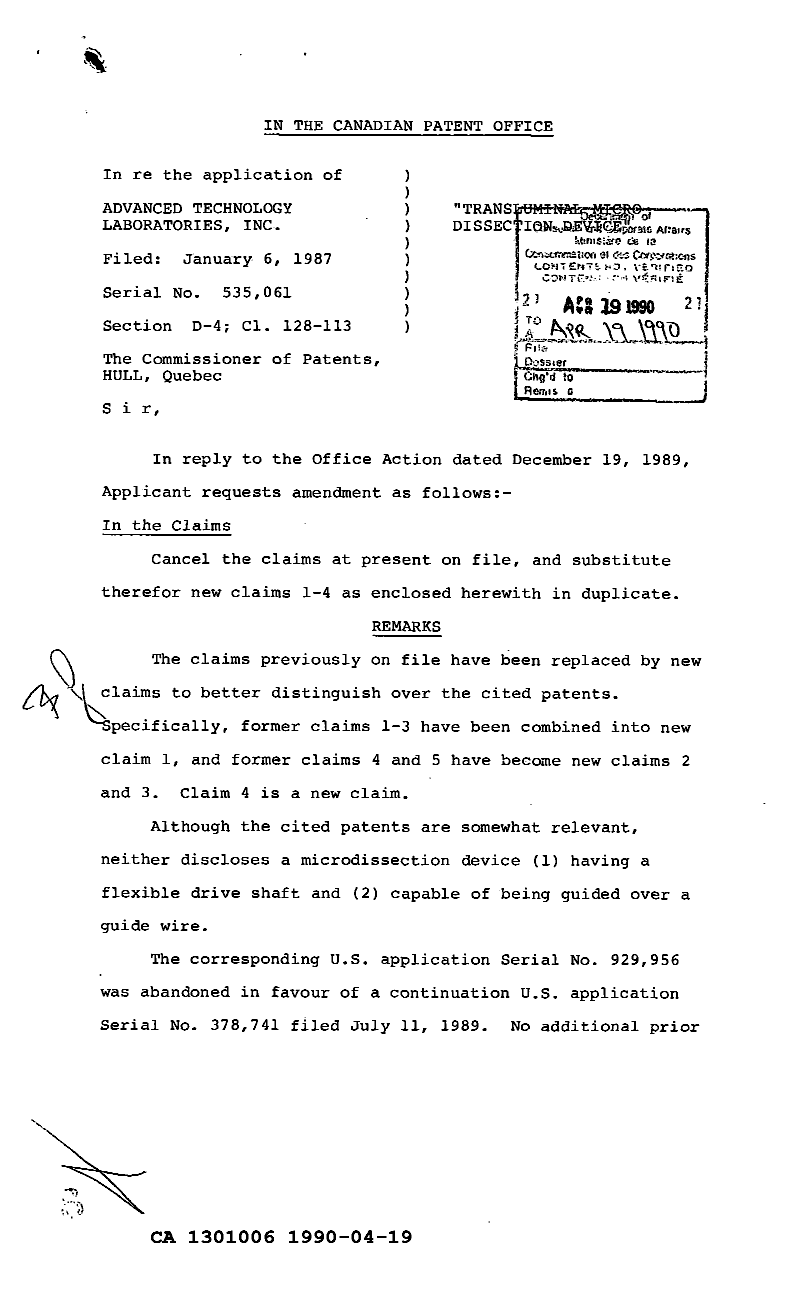 Canadian Patent Document 1301006. Prosecution Correspondence 19900419. Image 1 of 2