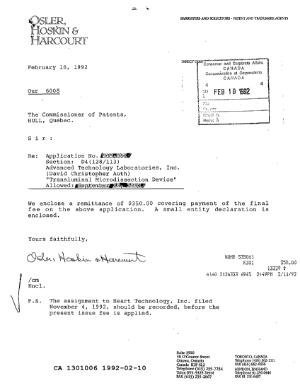 Canadian Patent Document 1301006. PCT Correspondence 19920210. Image 1 of 2