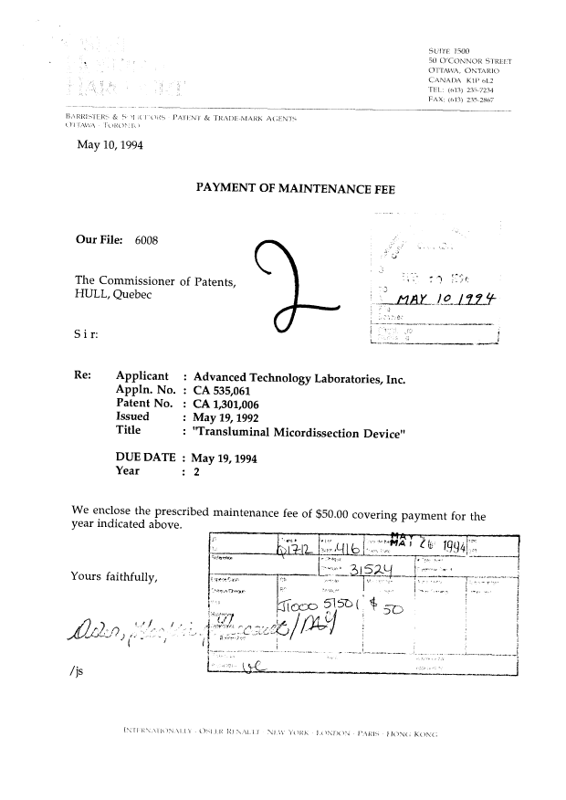 Canadian Patent Document 1301006. Fees 19940510. Image 1 of 1