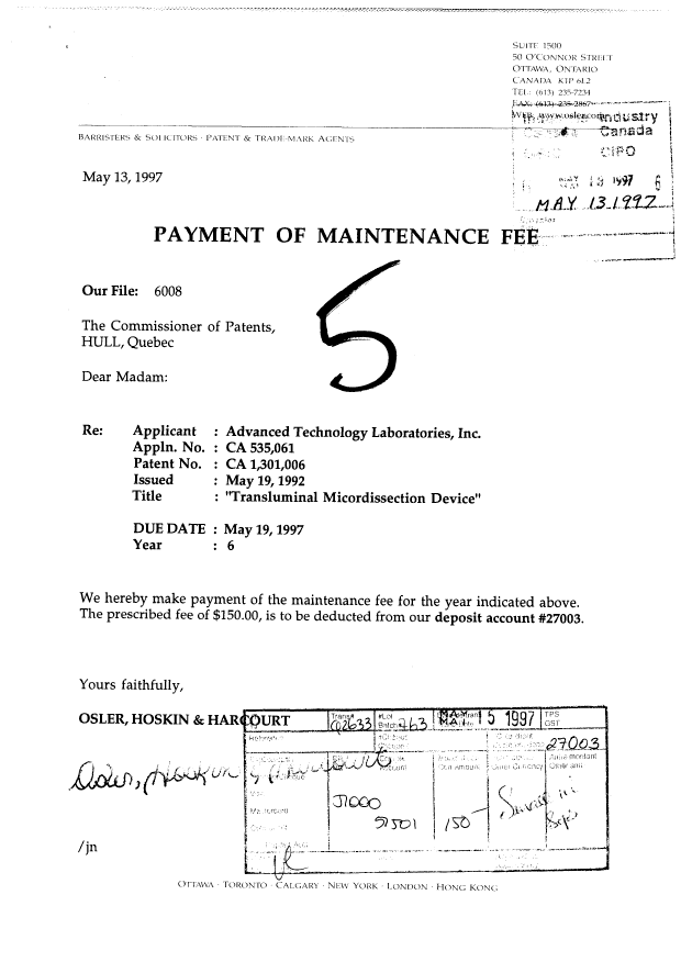 Document de brevet canadien 1301006. Taxes 19970513. Image 1 de 1