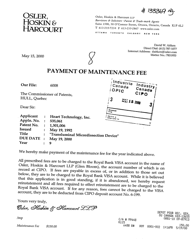 Canadian Patent Document 1301006. Fees 20000515. Image 1 of 1