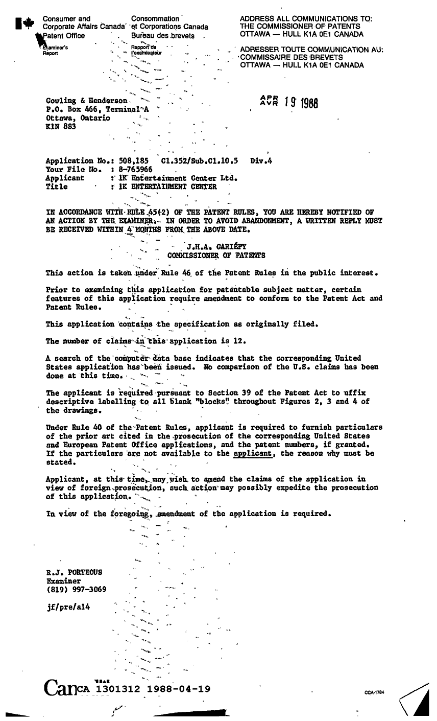 Document de brevet canadien 1301312. Demande d'examen 19880419. Image 1 de 1