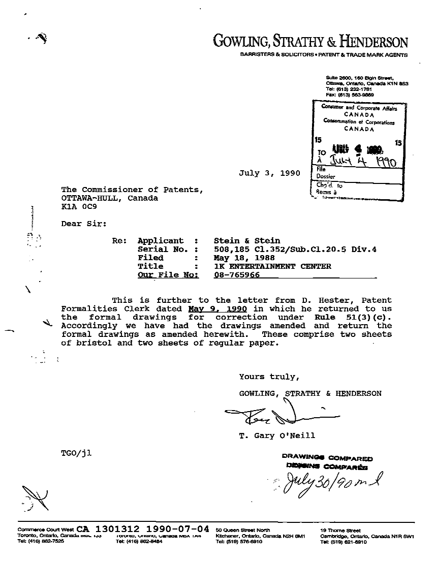 Document de brevet canadien 1301312. Correspondance de la poursuite 19900704. Image 1 de 2