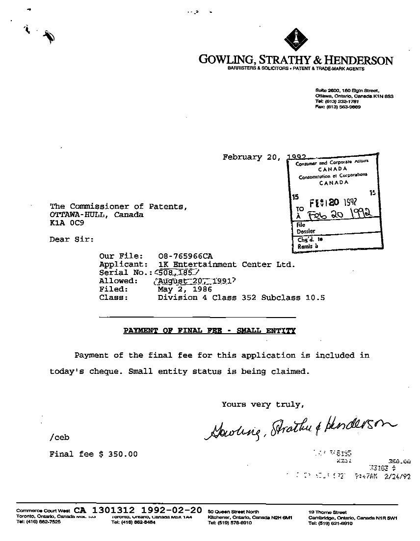 Document de brevet canadien 1301312. Correspondance reliée au PCT 19920220. Image 1 de 2