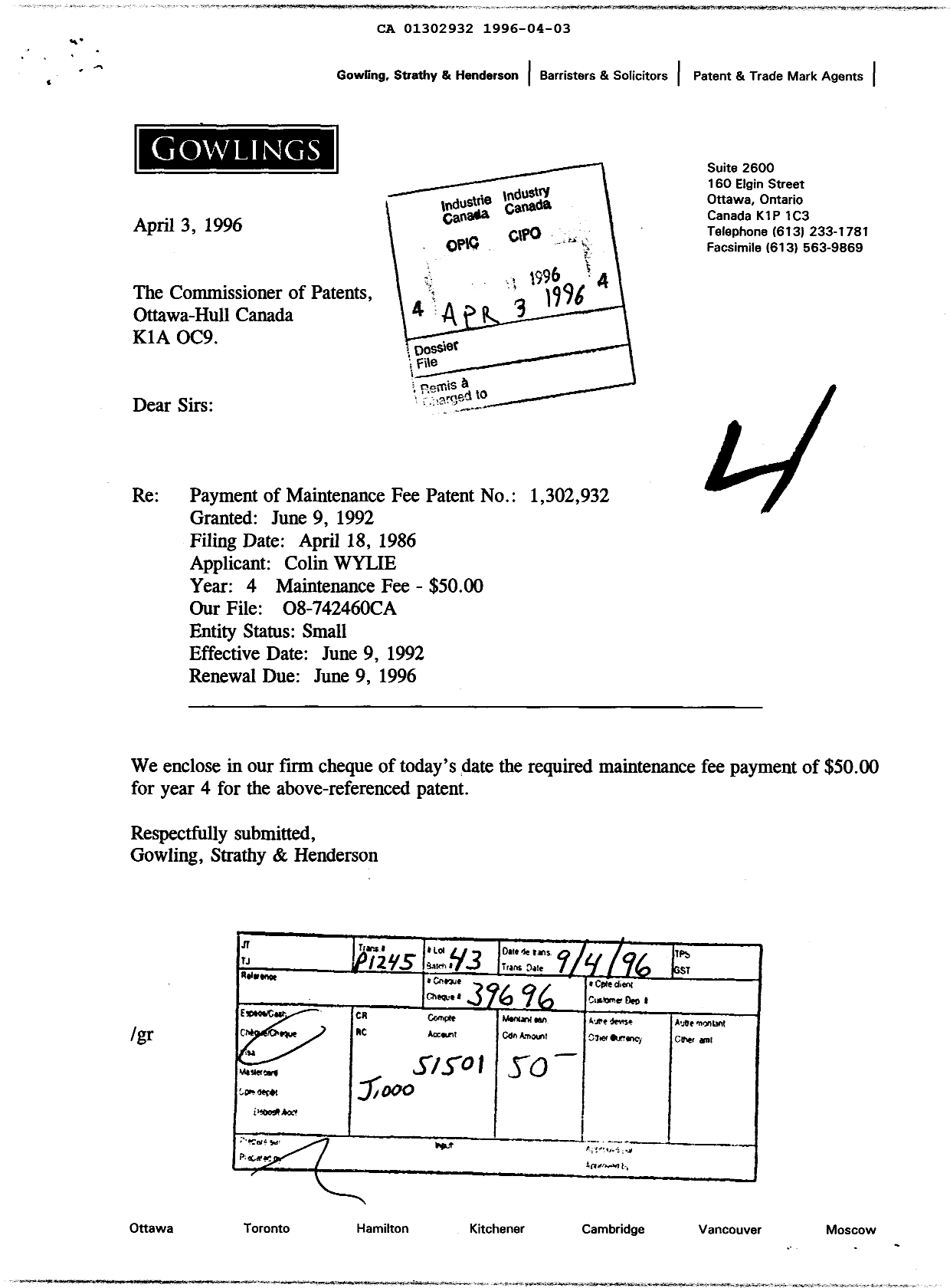 Document de brevet canadien 1302932. Taxes 19960403. Image 1 de 1