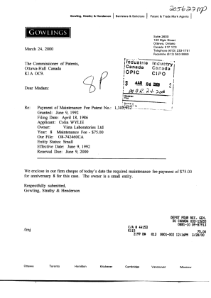 Canadian Patent Document 1302932. Fees 20000324. Image 1 of 1