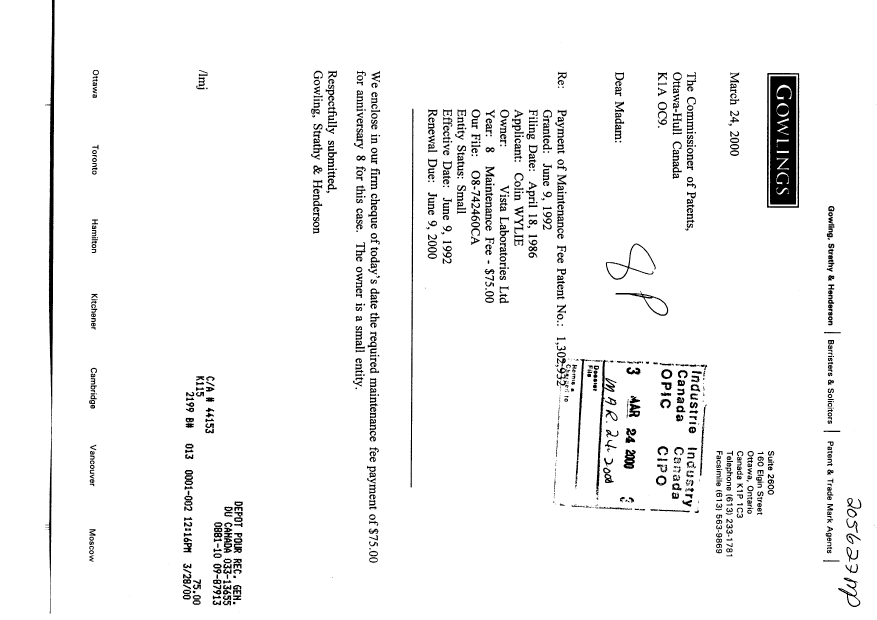 Document de brevet canadien 1302932. Taxes 20000324. Image 1 de 1