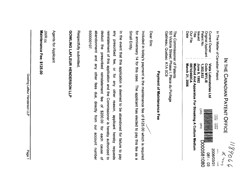 Document de brevet canadien 1302932. Taxes 20060321. Image 1 de 1
