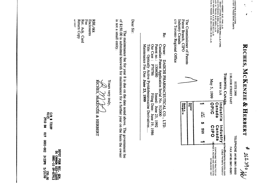 Canadian Patent Document 1304080. Fees 19981205. Image 1 of 1