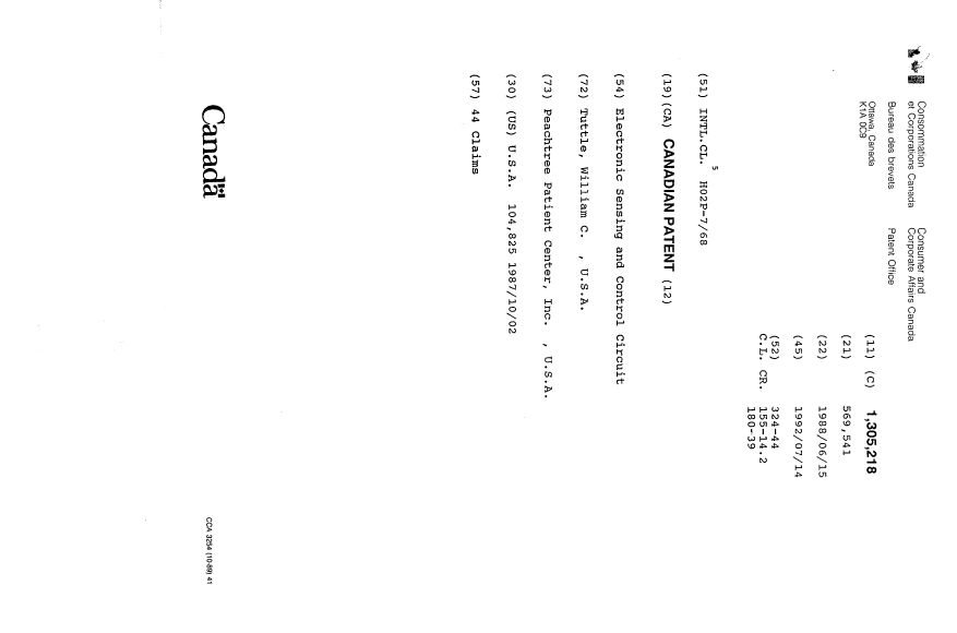 Document de brevet canadien 1305218. Page couverture 19931102. Image 1 de 1