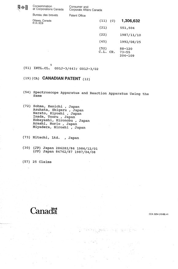 Document de brevet canadien 1306632. Page couverture 19931109. Image 1 de 1