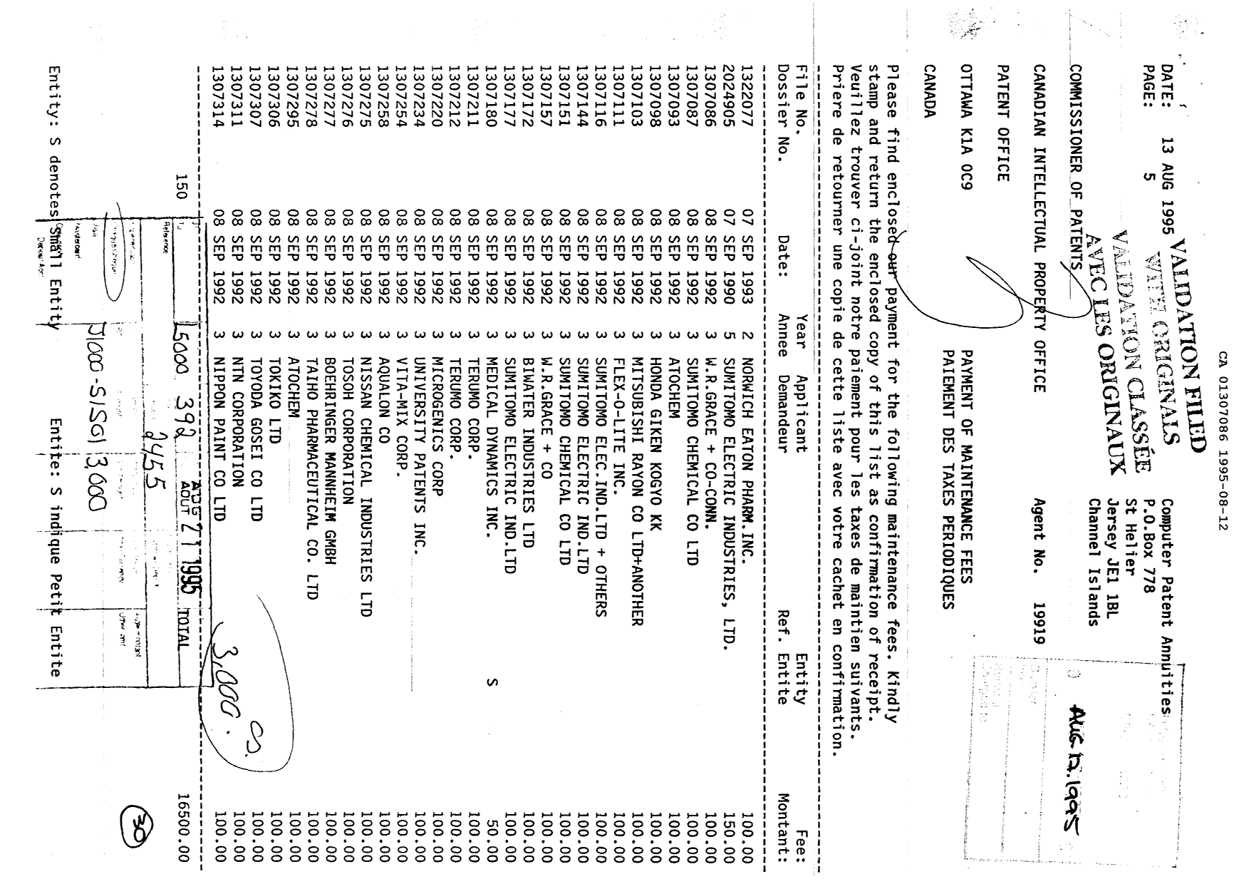 Canadian Patent Document 1307086. Fees 19950812. Image 1 of 1