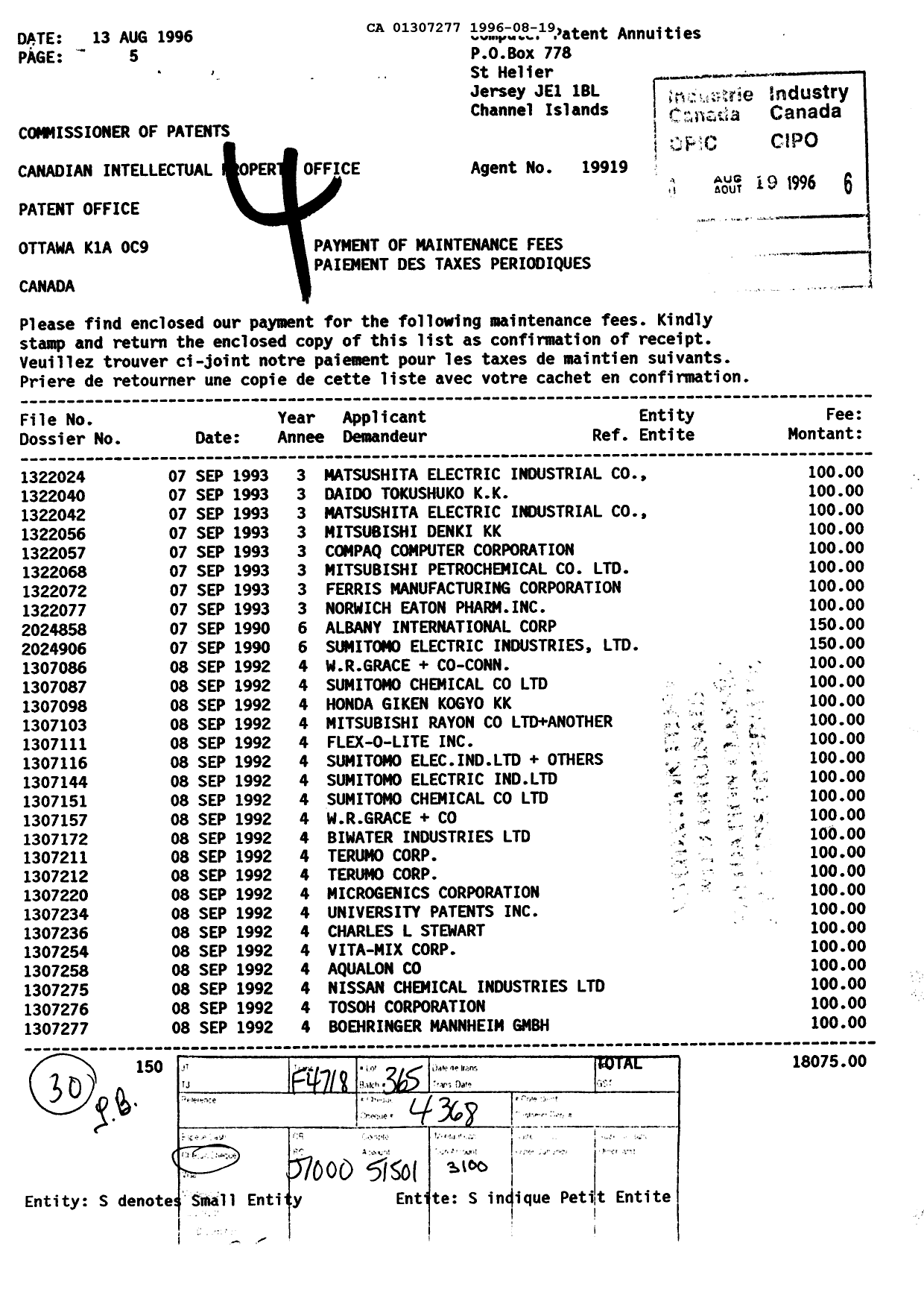 Document de brevet canadien 1307277. Taxes 19960819. Image 1 de 1