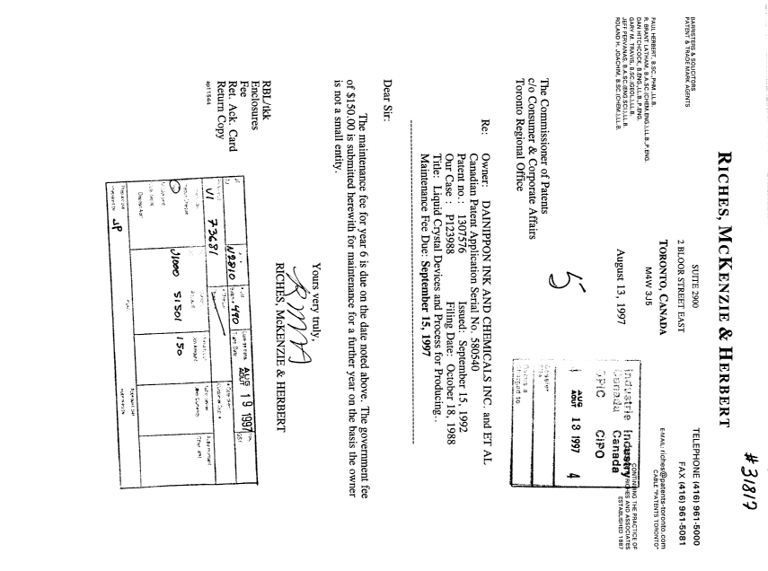 Document de brevet canadien 1307576. Taxes 19970813. Image 1 de 1