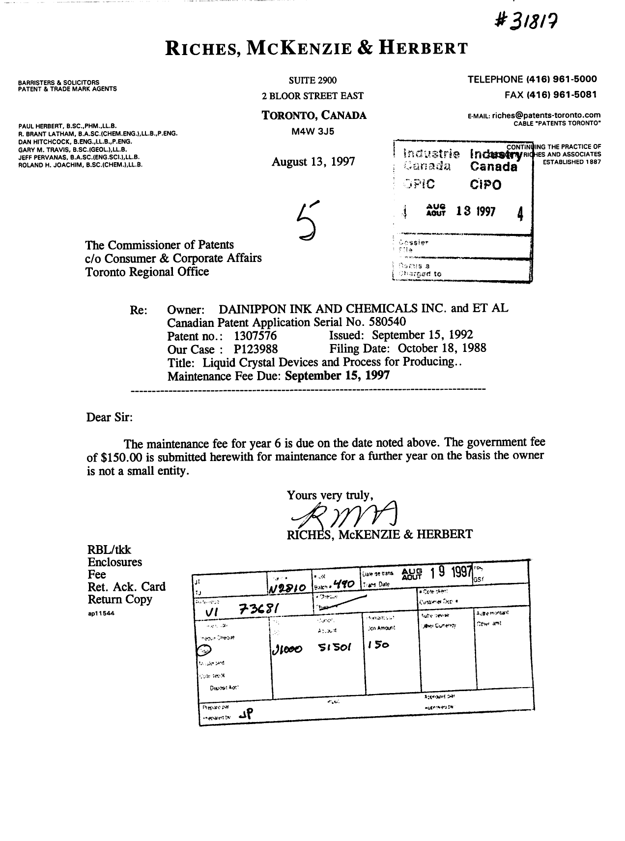 Document de brevet canadien 1307576. Taxes 19970813. Image 1 de 1