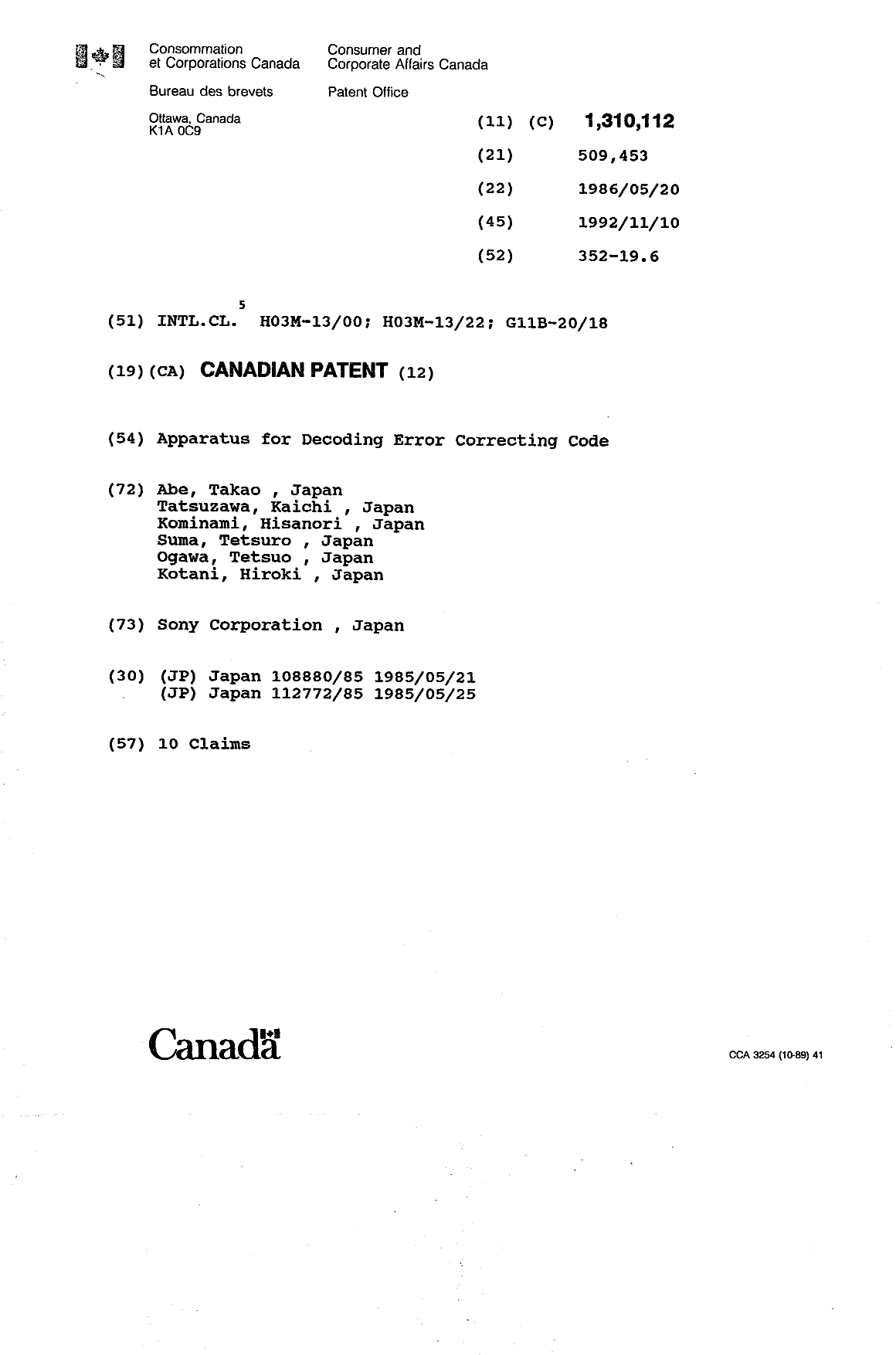 Document de brevet canadien 1310112. Page couverture 19931115. Image 1 de 1