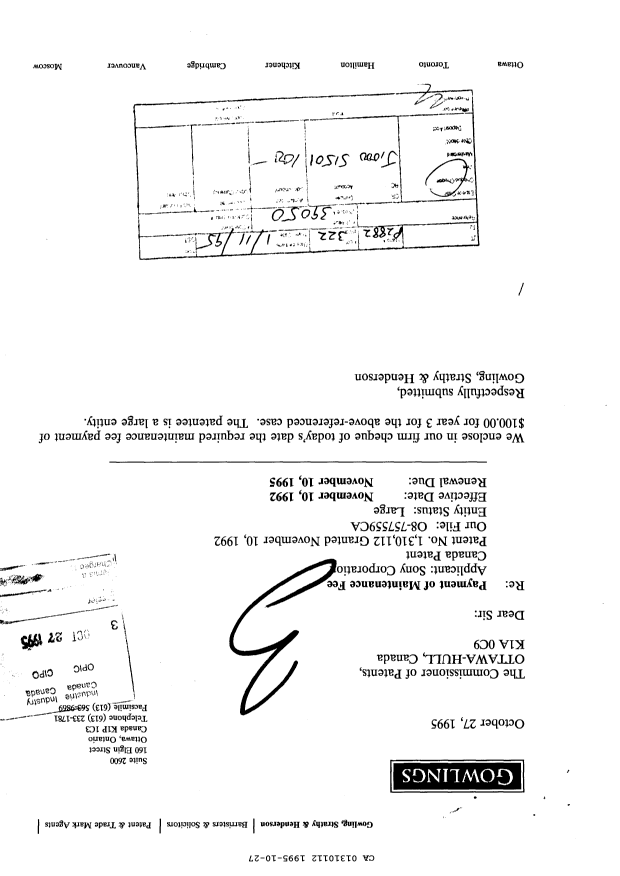 Canadian Patent Document 1310112. Fees 19951027. Image 1 of 1