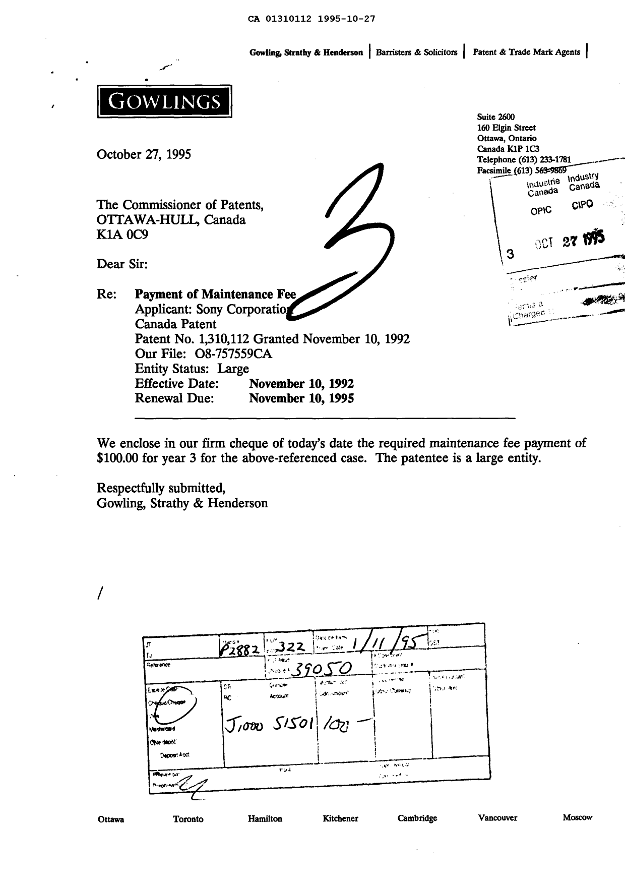 Document de brevet canadien 1310112. Taxes 19951027. Image 1 de 1