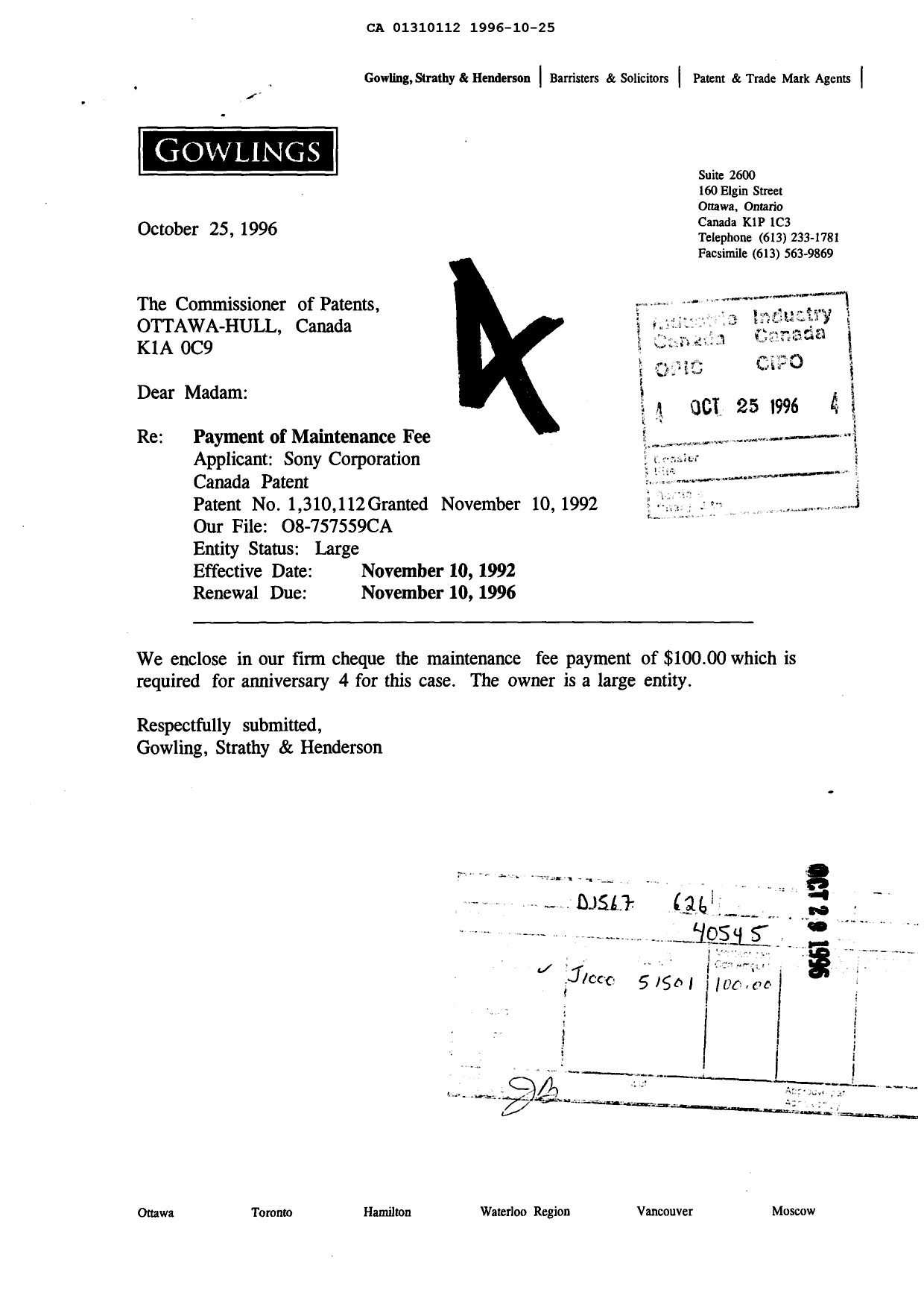 Document de brevet canadien 1310112. Taxes 19961025. Image 1 de 1