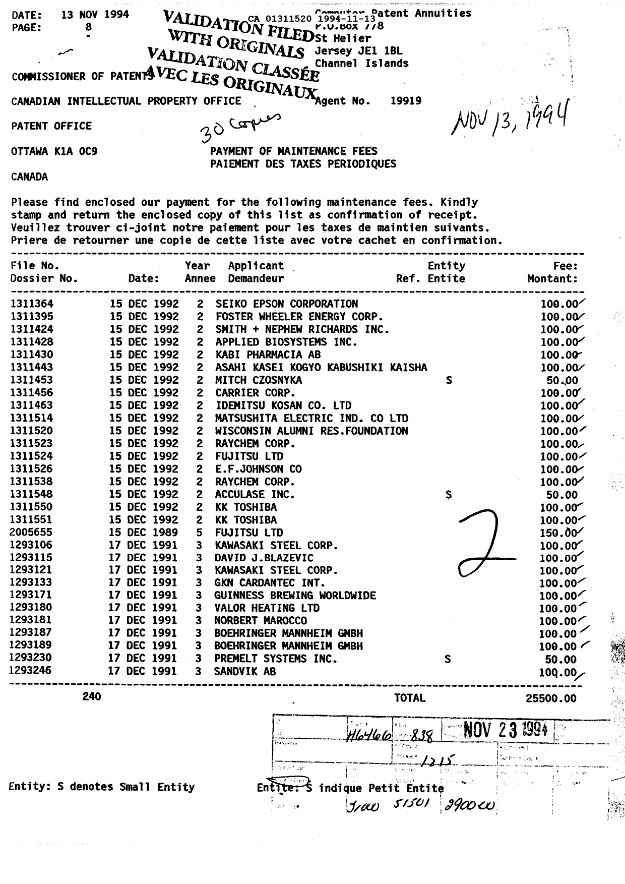 Document de brevet canadien 1311520. Taxes 19941113. Image 1 de 1