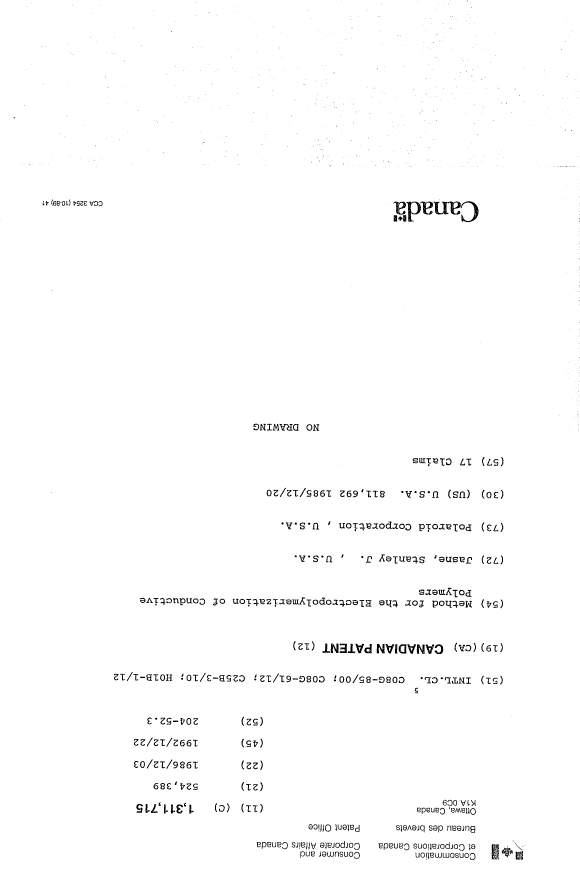 Canadian Patent Document 1311715. Cover Page 19931109. Image 1 of 1