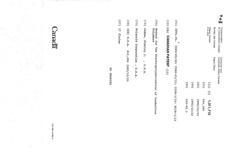 Document de brevet canadien 1311715. Page couverture 19931109. Image 1 de 1
