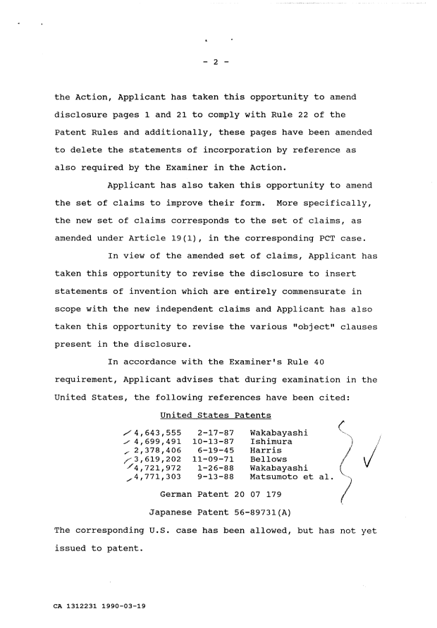 Document de brevet canadien 1312231. Correspondance de la poursuite 19900319. Image 2 de 3