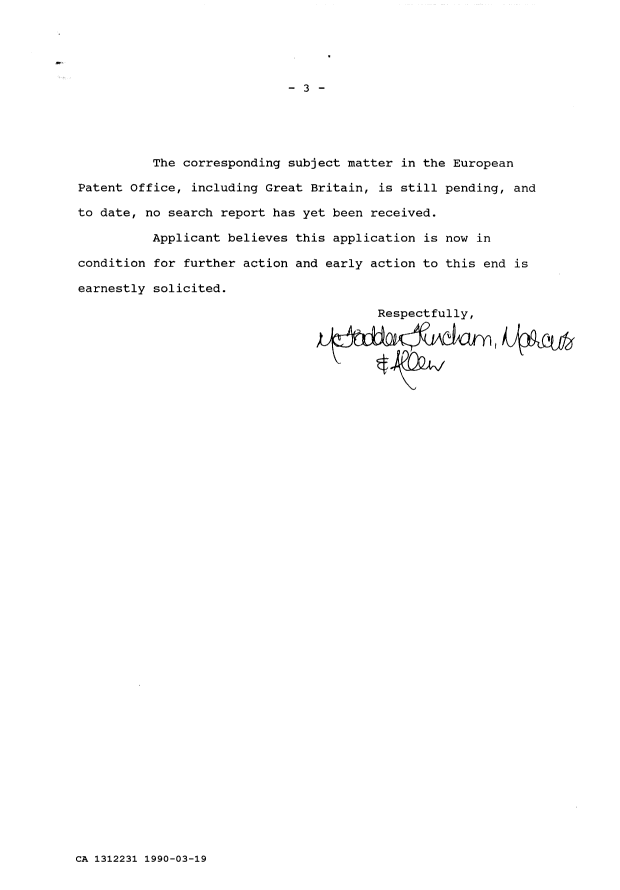 Document de brevet canadien 1312231. Correspondance de la poursuite 19900319. Image 3 de 3