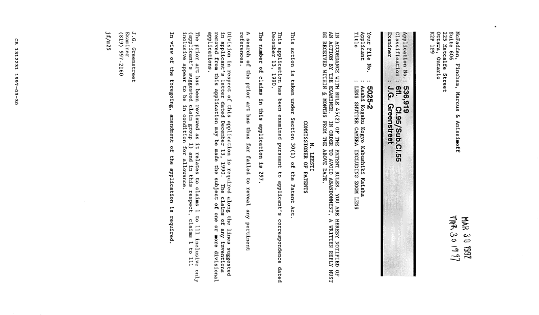 Document de brevet canadien 1312231. Demande d'examen 19970330. Image 1 de 1